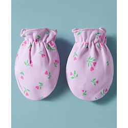 Babyhug 100% Cotton Cap Mittens & Booties with Floral Print Pink - Diameter 16 cm