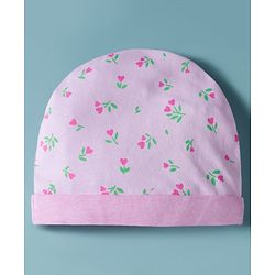 Babyhug 100% Cotton Cap Mittens & Booties with Floral Print Pink - Diameter 16 cm
