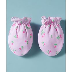 Babyhug 100% Cotton Cap Mittens & Booties with Floral Print Pink - Diameter 16 cm