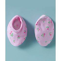 Babyhug 100% Cotton Cap Mittens & Booties with Floral Print Pink - Diameter 16 cm