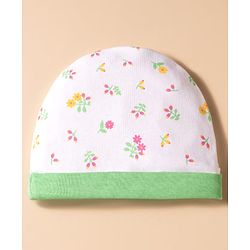 Babyhug 100% Cotton Knit Floral Printed Cap Mittens & Booties Set White & Light Green - Diameter 16 cm