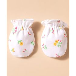 Babyhug 100% Cotton Knit Floral Printed Cap Mittens & Booties Set White & Light Green - Diameter 16 cm