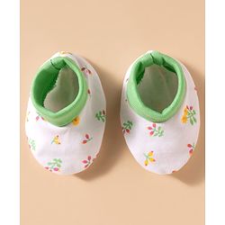 Babyhug 100% Cotton Knit Floral Printed Cap Mittens & Booties Set White & Light Green - Diameter 16 cm