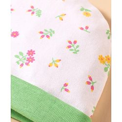 Babyhug 100% Cotton Knit Floral Printed Cap Mittens & Booties Set White & Light Green - Diameter 16 cm