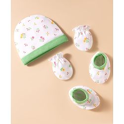 Babyhug 100% Cotton Knit Floral Printed Cap Mittens & Booties Set White & Light Green - Diameter 16 cm