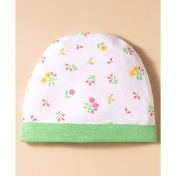 Babyhug 100% Cotton Knit Floral Printed Cap Mittens & Booties Set White & Light Green - Diameter 16 cm