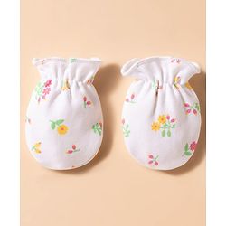 Babyhug 100% Cotton Knit Floral Printed Cap Mittens & Booties Set White & Light Green - Diameter 16 cm