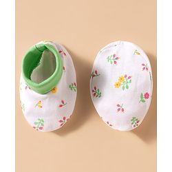 Babyhug 100% Cotton Knit Floral Printed Cap Mittens & Booties Set White & Light Green - Diameter 16 cm