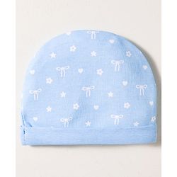Babyhug 100% Cotton Knit Cap Mittens & Booties Set with Floral Print White &  Blue - Diameter 16 cm