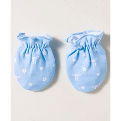 Babyhug 100% Cotton Knit Cap Mittens & Booties Set with Floral Print White &  Blue - Diameter 16 cm