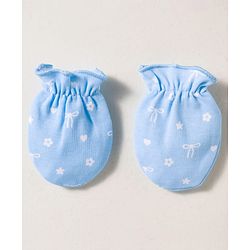 Babyhug 100% Cotton Knit Cap Mittens & Booties Set with Floral Print White &  Blue - Diameter 16 cm