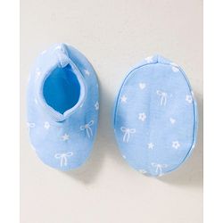 Babyhug 100% Cotton Knit Cap Mittens & Booties Set with Floral Print White &  Blue - Diameter 16 cm