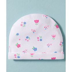 Babyhug 100% Cotton Knit Cap Mittens & Booties Set with Floral Print White - Diameter 16 cm