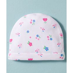 Babyhug 100% Cotton Knit Cap Mittens & Booties Set with Floral Print White - Diameter 16 cm