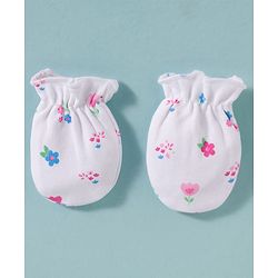 Babyhug 100% Cotton Knit Cap Mittens & Booties Set with Floral Print White - Diameter 16 cm
