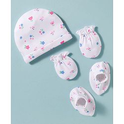 Babyhug 100% Cotton Knit Cap Mittens & Booties Set with Floral Print White - Diameter 16 cm