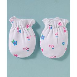 Babyhug 100% Cotton Knit Cap Mittens & Booties Set with Floral Print White - Diameter 16 cm