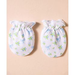 Babyhug 100% Cotton Knit Mittens & Booties with Floral Print - White