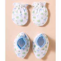 Babyhug 100% Cotton Knit Mittens & Booties with Floral Print - White