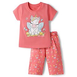 Babyhug Cotton Knit Half Sleeves T-Shirt & Capri Night Suit With Unicorn Print - Pink