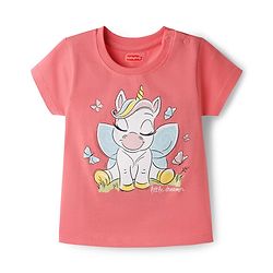 Babyhug Cotton Knit Half Sleeves T-Shirt & Capri Night Suit With Unicorn Print - Pink