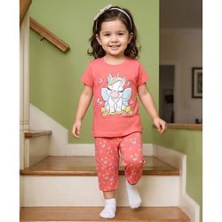 Babyhug Cotton Knit Half Sleeves T-Shirt & Capri Night Suit With Unicorn Print - Pink