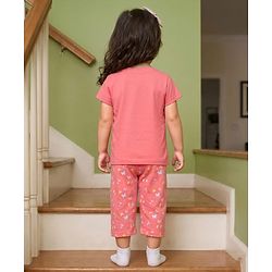 Babyhug Cotton Knit Half Sleeves T-Shirt & Capri Night Suit With Unicorn Print - Pink