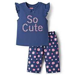 Babyhug Cotton Knit Half Sleeves T-Shirt & Capri Night Suit With Floral Print - Navy Blue
