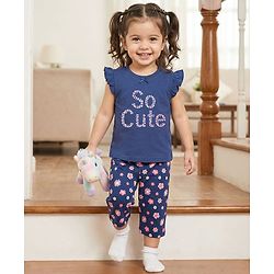 Babyhug Cotton Knit Half Sleeves T-Shirt & Capri Night Suit With Floral Print - Navy Blue