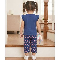 Babyhug Cotton Knit Half Sleeves T-Shirt & Capri Night Suit With Floral Print - Navy Blue