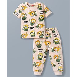 Babyhug Cotton Knit Half Sleeves T-Shirt & Pyjama Co-ord Night Suit With Lion Print - Cream
