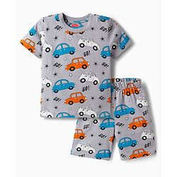 Babyhug Cotton Knit Half Sleeves Co-ords T-Shirt & Short Night Suit with Car Print - Grey