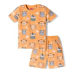 Babyhug Cotton Knit Half Sleeves Animal Printed Co-Ords T-Shirt & Shorts Night Suit - Orange
