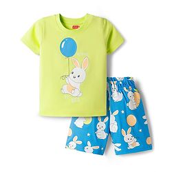 Babyhug Cotton Knit Half Sleeves T-Shirt & Short Night Suit with Bunny Print - Green