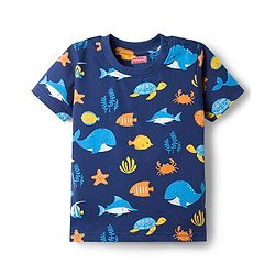 Babyhug Cotton Knit Half Sleeves Co-Ords T-Shirt & Shorts Night-Suit With Sea Life Print - Navy Blue