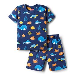 Babyhug Cotton Knit Half Sleeves Co-Ords T-Shirt & Shorts Night-Suit With Sea Life Print - Navy Blue