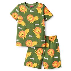 Babyhug Cotton Knit Half Sleeves Co-Ord Half Sleeves & Shorts Night Suit With Lion Print - Green