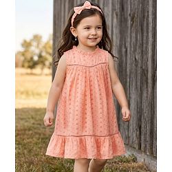 Babyhug Cotton Woven Sleeveless Floral Embroidered Schiffli A Line Frock with Headband - Peach