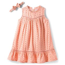 Babyhug Cotton Woven Sleeveless Floral Embroidered Schiffli A Line Frock with Headband - Peach