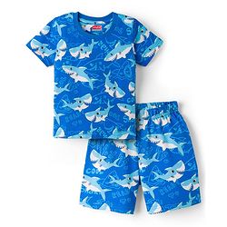 Babyhug Cotton Knit Half Sleeves Sea Life Printed Co-Ords T-Shirt & Shorts Night Suit - Blue