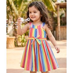 Babyhug Cotton Woven Sleeveless Halter Neck Striped Dress With Belt - Multicolor