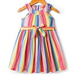Babyhug Cotton Woven Sleeveless Halter Neck Striped Dress With Belt - Multicolor