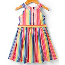 Babyhug Cotton Woven Sleeveless Halter Neck Striped Dress With Belt - Multicolor