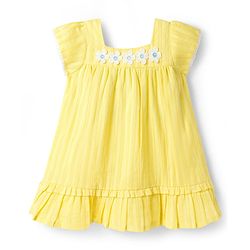Babyhug Cotton Woven Half Sleeves Frock With Floral Crochet Applique - Yellow