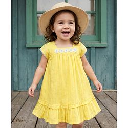 Babyhug Cotton Woven Half Sleeves Frock With Floral Crochet Applique - Yellow
