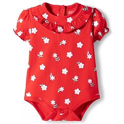 Babyhug 100% Cotton Knit Half Sleeves Floral Printed Onesie With Headband - Red