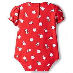 Babyhug 100% Cotton Knit Half Sleeves Floral Printed Onesie With Headband - Red