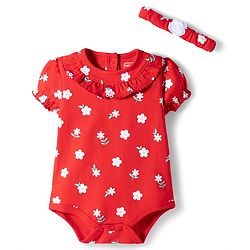 Babyhug 100% Cotton Knit Half Sleeves Floral Printed Onesie With Headband - Red
