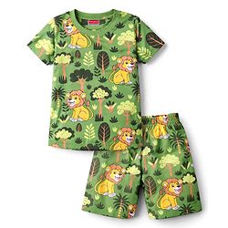 Babyhug Cotton Knit Half Sleeves Jungle Theme Printed Co-Ords T-Shirt & Shorts Night Suit - Green
