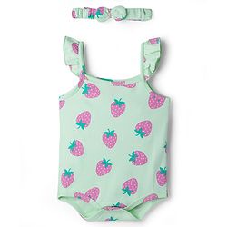 Babyhug 100% Cotton Knit Frill Sleeves Onesies with Headband & Strawberry Print - Sea Green
